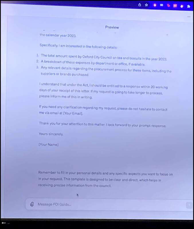 A typical freedom of information request - but written by an AI under prompting from Newsquest's head of editorial AI Jody Doherty-Cove.